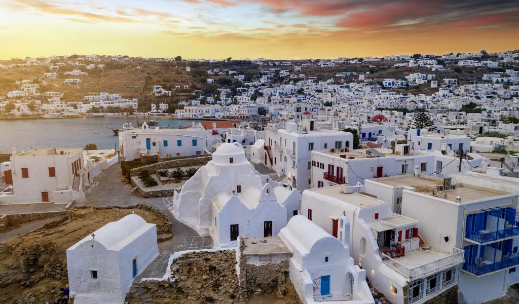 View of Panagia Paraportiani Church and Mykonos Town during the Dusk