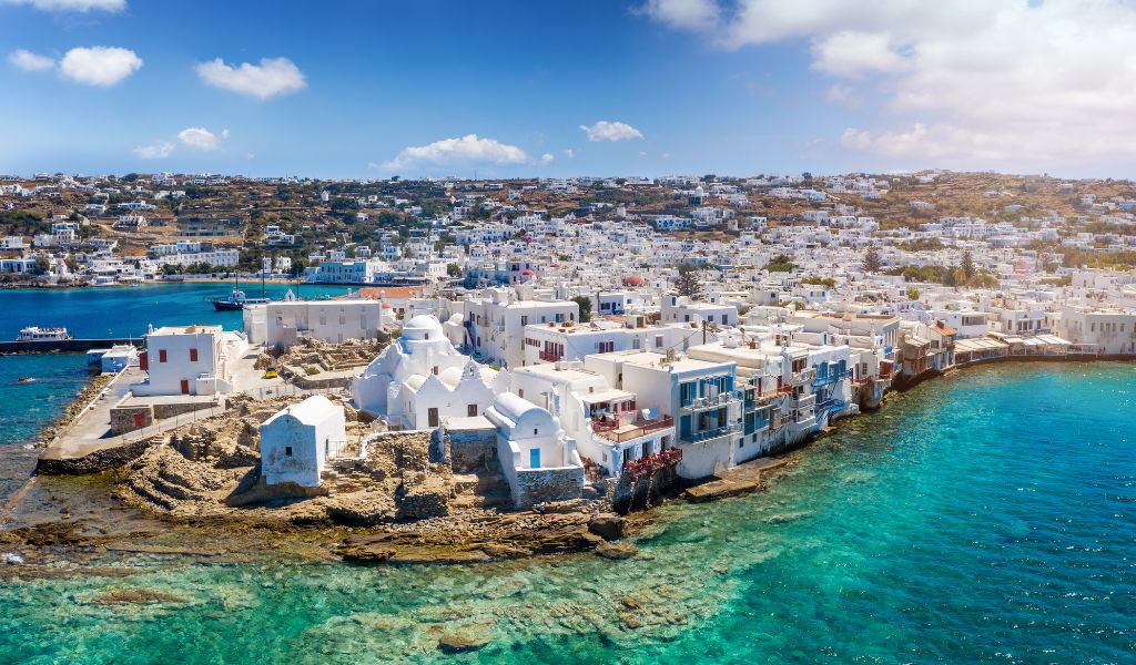 View to Panagia Paraportiani Church in Mykonos Town Greece