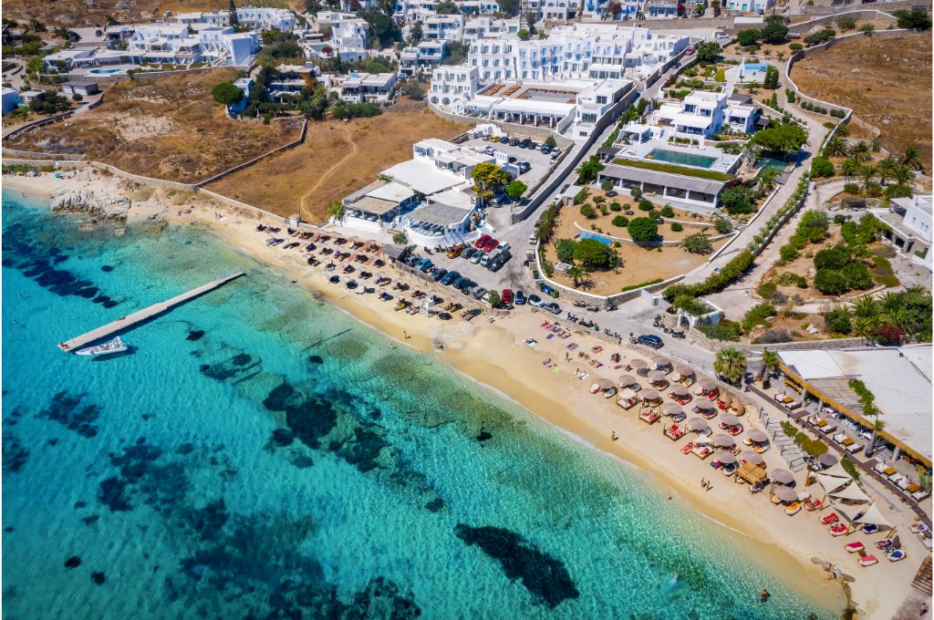 Aerial View of Agios Ioannis Beach, Mykonos Greece - One of the Top Mykonos Beaches