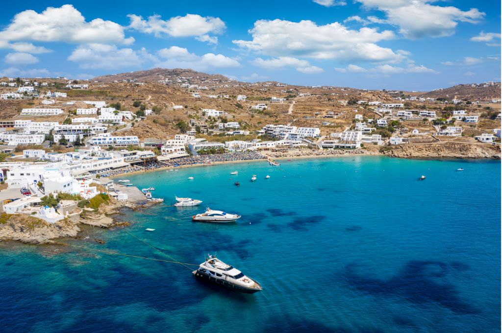 Aerial View of Platis Gialos Beach on Mykonos Island Greece