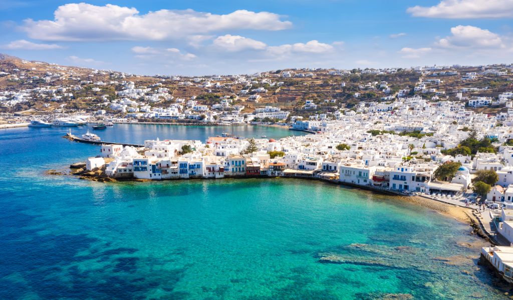 Aerial View of Mykonos Town in Mykonos Cyclades Greece