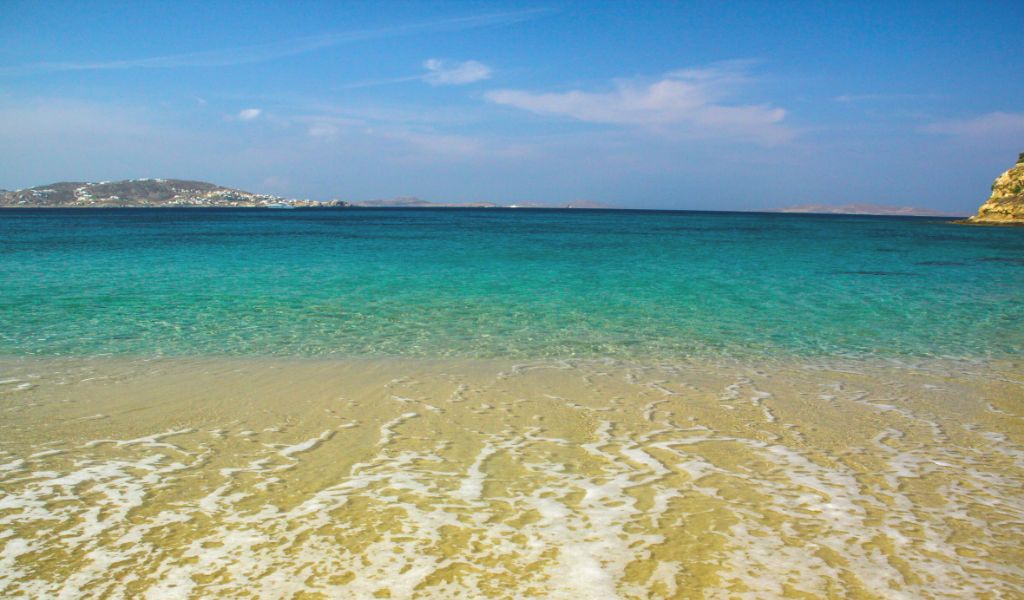 Overview of Ornos Beach Mykonos Greece