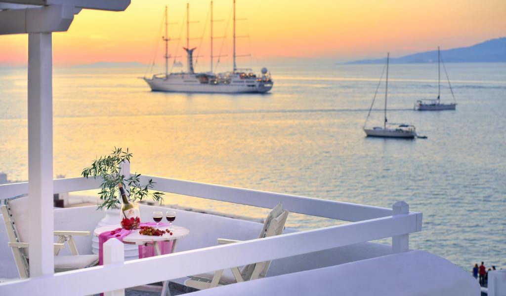 Enjoying the Sunset from Marietta’s in Mykonos Town Greece